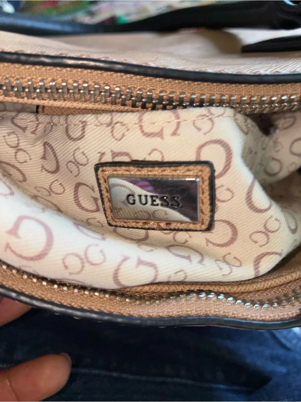 GUESS Tan, Black & Cream Structured Shoulder Tote